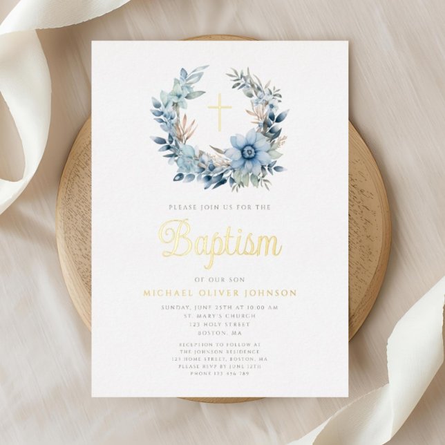Invitation En Aluminium Élégant bleu floral Religieux Garçon Baptême Or (Elegant Blue Floral Religious Boy Baptism Gold Foil Invitation)
