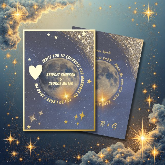 Invitation En Aluminium élégant bleu galaxie céleste lune or mariage (Créateur téléchargé)