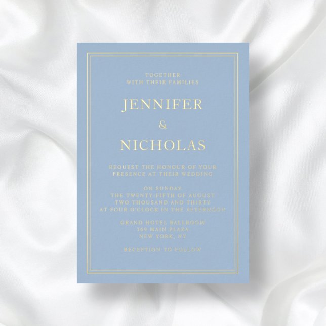 Invitation En Aluminium Elégant bleu Mariage or (Front / Elegant Formal Blue Wedding Gold Foil Invitation)