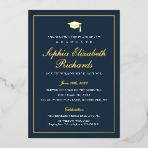 Invitation En Aluminium Elégant bleu marine 3 Photo Graduation