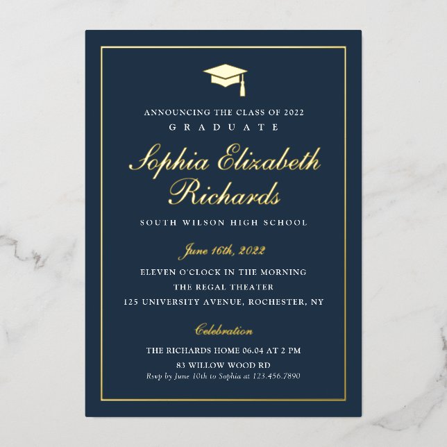 Invitation En Aluminium Elégant bleu marine 3 Photo Graduation (Recto)