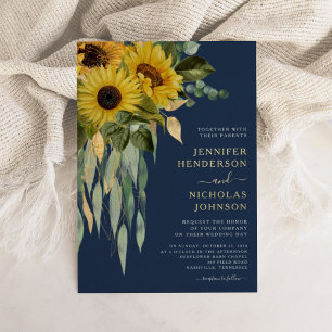 Invitation En Aluminium Élégant bleu marine floral tournesol mariage or