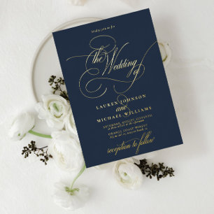 Invitation En Aluminium Élégant Bleu Nuit Calligraphie Moderne Mariage Foi