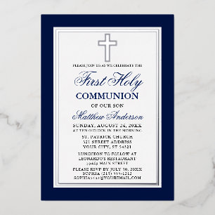 Invitation En Aluminium Elégant bleu Première Sainte Communion Croix Argen