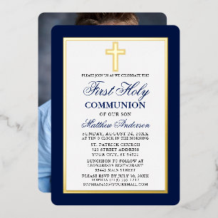 Invitation En Aluminium Elégant bleu Première Sainte Communion Photo Gold 