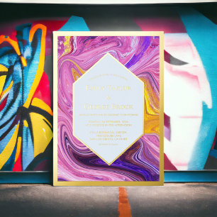 Invitation En Aluminium Elégant bleu rose Galaxy Art Abstrait Mariage or