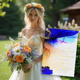Invitation En Aluminium Élégant Bleu Saphir Orange Mariage Or
