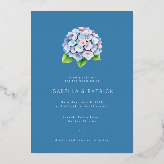 Invitation En Aluminium Elegant Blue Floral Hydrangea (Recto)