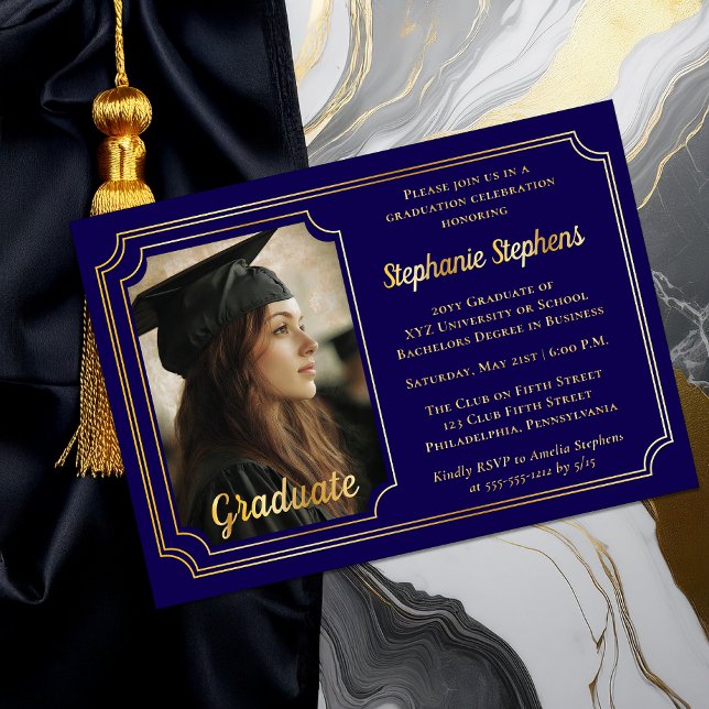 Invitation En Aluminium Elegant Blue & Gold Photo Graduation Party  (Elegant Blue and Gold Foil Graduation Party Invitation with Photo and Scalloped Frame)