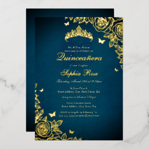 Invitation En Aluminium Elégant Blue Gold Tiara Rose Quinceanera
