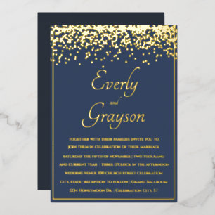 Invitation En Aluminium Élégant Blue Opulence Gold Confetti Mariage