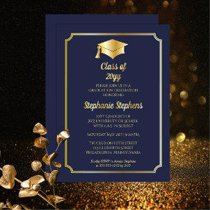 Invitation En Aluminium Élégant Blue University Graduation Party Gold