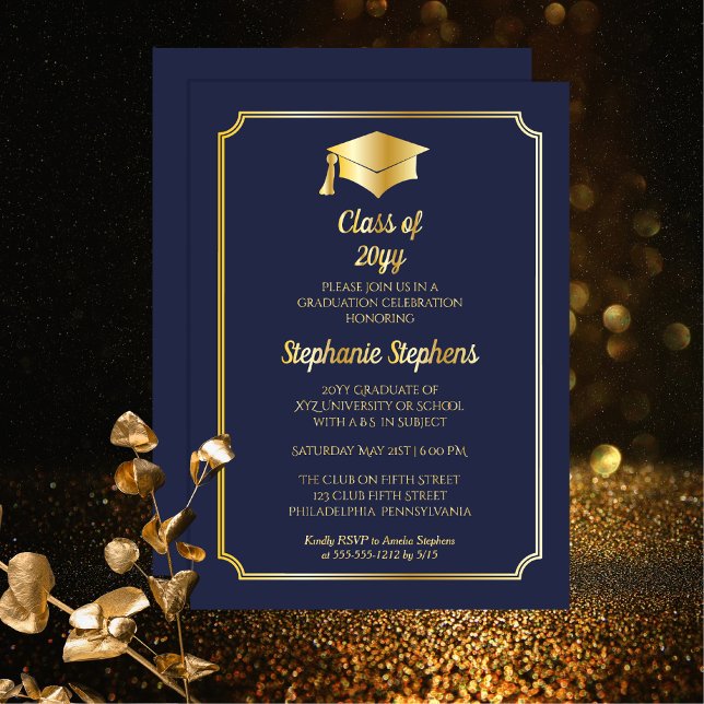 Invitation En Aluminium Élégant Blue University Graduation Party Gold (Elegant Blue College or University Non-Photo Graduation Announcement and Party Foil Invitation)