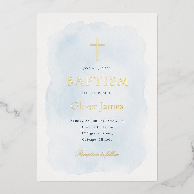 Invitation En Aluminium Elegant Blue Watercolor Gold Foil Baptism (Recto)