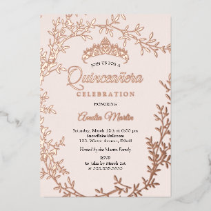 Invitation En Aluminium Elégant Blush Rose Gold Leaf Wreath Quinceanera