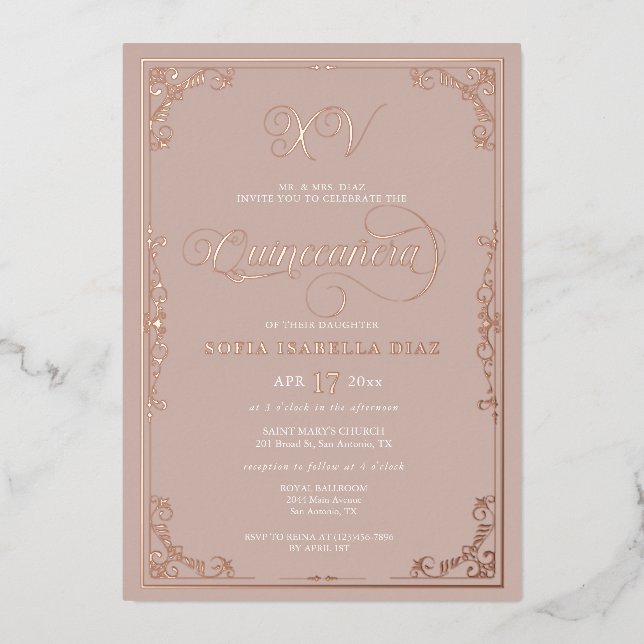 Invitation En Aluminium Elégant Blush Rose Quinceañera Rose Gold (Recto)