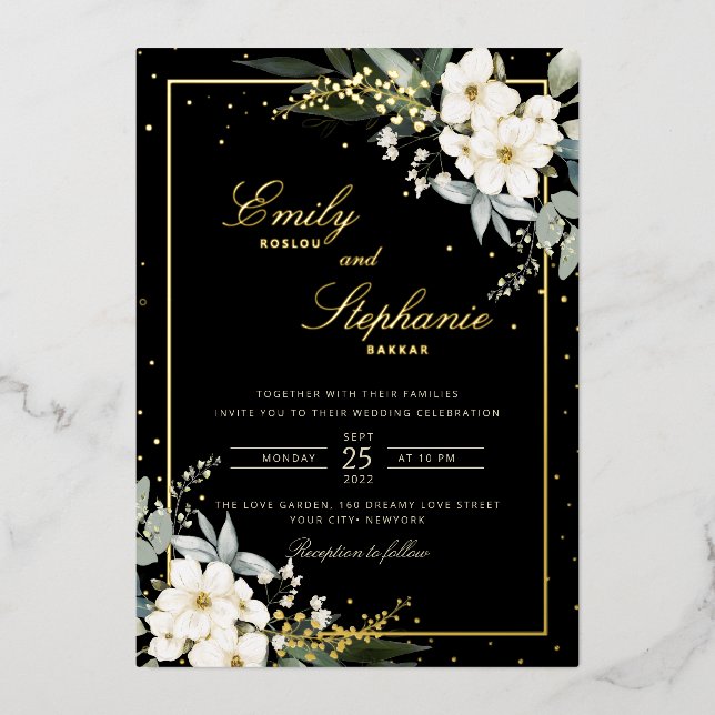 Invitation En Aluminium Elégant Boho Aquarelle Floral Black Gold Mariage (Recto)