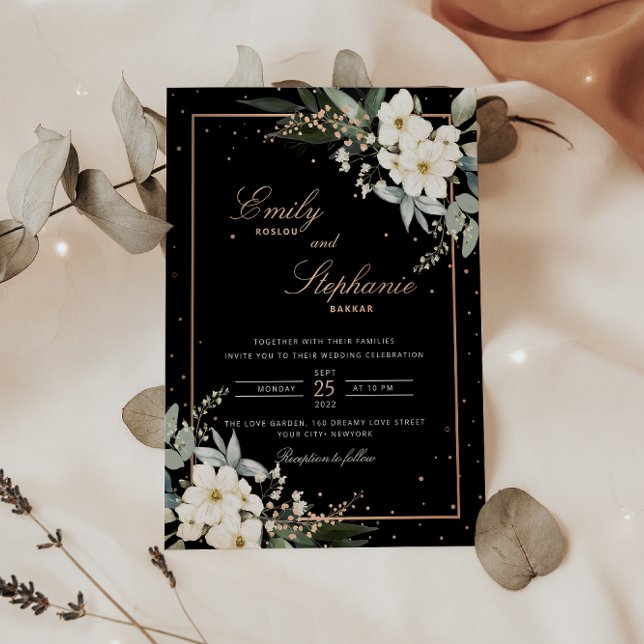 Invitation En Aluminium Elégant Boho Aquarelle Floral Black Gold Mariage (Créateur téléchargé)