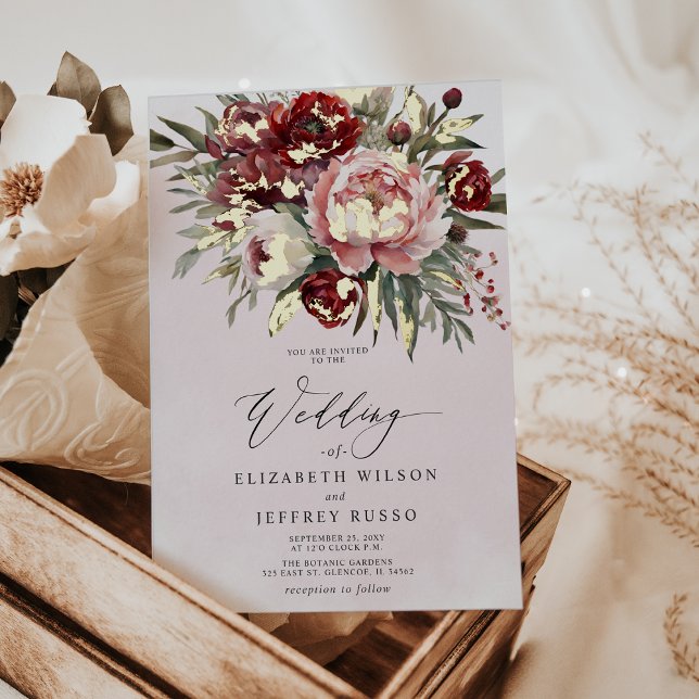 Invitation En Aluminium Élégant Boho Bourgogne Blush Floral Mariage (Elegant Boho Burgundy Blush Floral Wedding Foil Invitation)