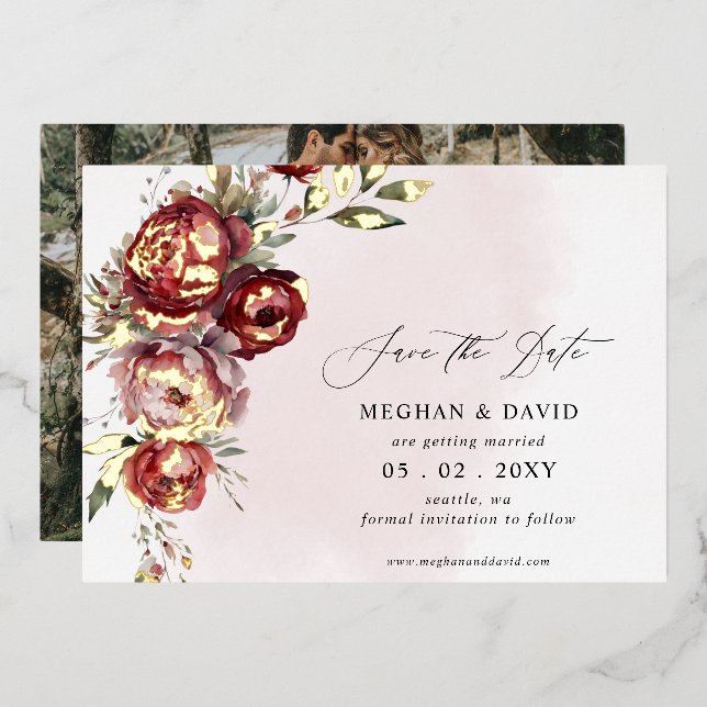 Invitation En Aluminium Elégant Boho Bourgogne Blush Floral Photo (Recto/Verso)