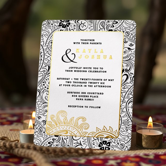 Invitation En Aluminium Elégant Boho moderne noir blanc marguerite Whimsic (Black and white paisley wedding invitation with boho india ornate pattern and gold foil accents)