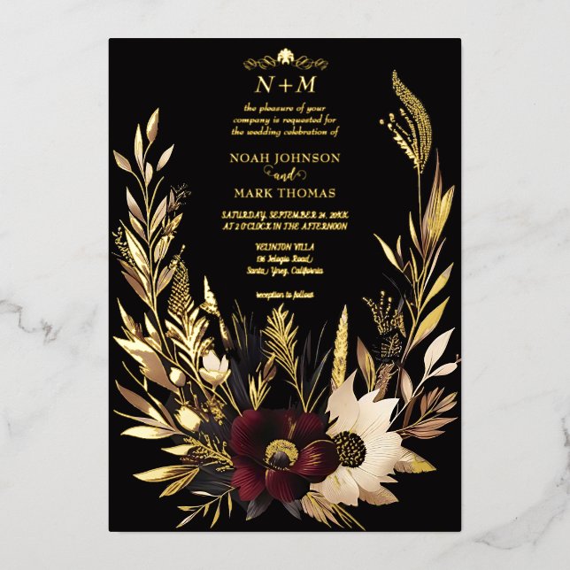 Invitation En Aluminium Elégant Boho noir bordeaux et or floral (Recto)