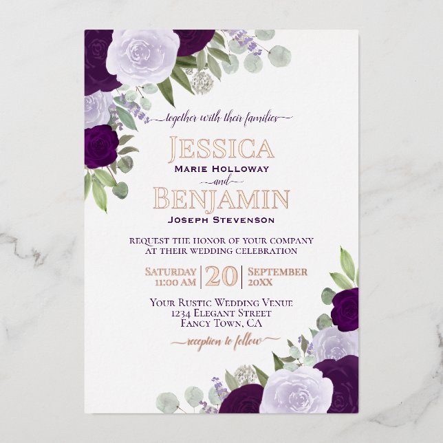 Invitation En Aluminium Élégant Boho violet Floral avec Mariage or Rose (Recto)