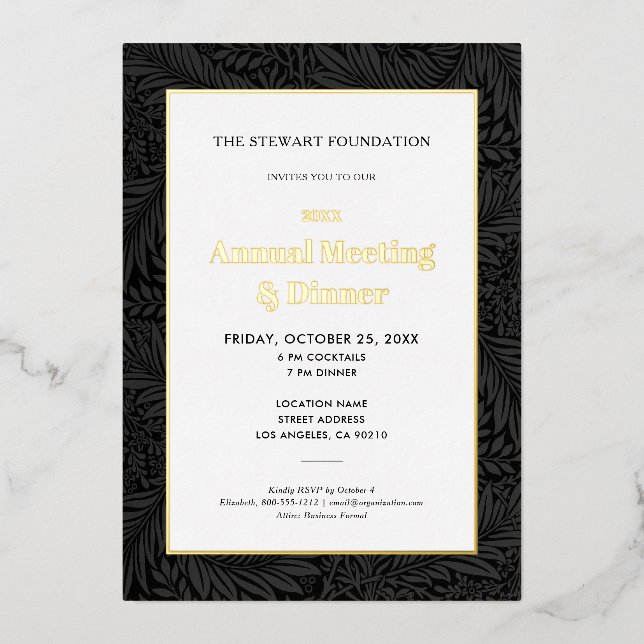 Invitation En Aluminium Élégant Botanique Noire Dîner d'affaires annuel (Recto)