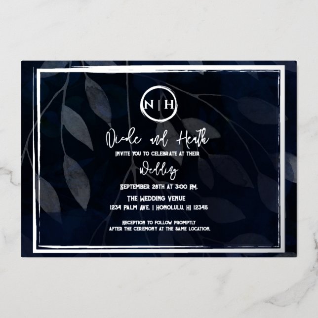Invitation En Aluminium Élégant botanique sombre mariage bleu marine et ar (Recto)