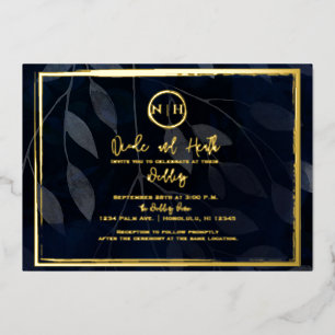 Invitation En Aluminium Élégant Botanique Sombre Mariage Bleu Nuit et Or