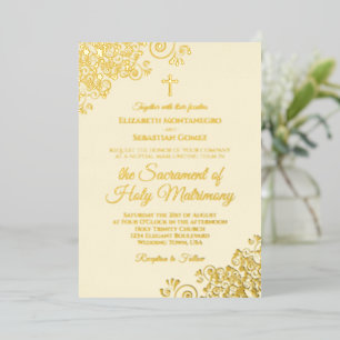 Invitation En Aluminium Elégant boucles d'or sur Mariage catholique crème