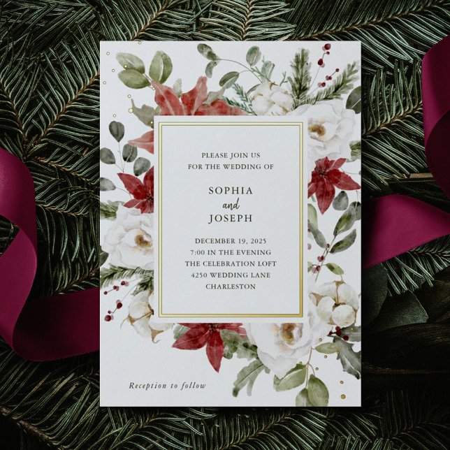 Invitation En Aluminium Elégant Bouquet | Noël Mariage or (A beautiful, elegant Christmas wedding invitation with shimmering gold foil accents)