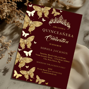 Invitation En Aluminium Élégant Bourdon Bourgogne Papillon Quinceanera