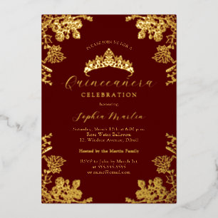 Invitation En Aluminium Élégant Bourgogne Doré Quinceanera Vintage 