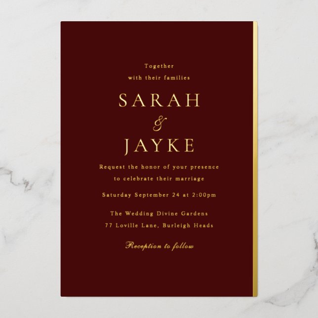 Invitation En Aluminium Elégant Bourgogne foncée Elégant Or Mariage modern (Recto)