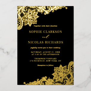 Invitation En Aluminium Élégant Broderie Antique Noir Mariage Or