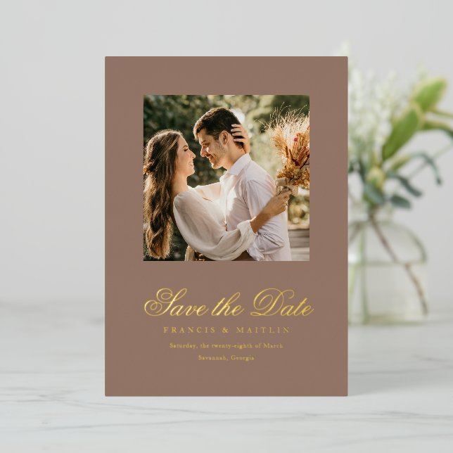 Invitation En Aluminium Elegant Brown Romantic Photo Wedding Save the Date (Debout devant)