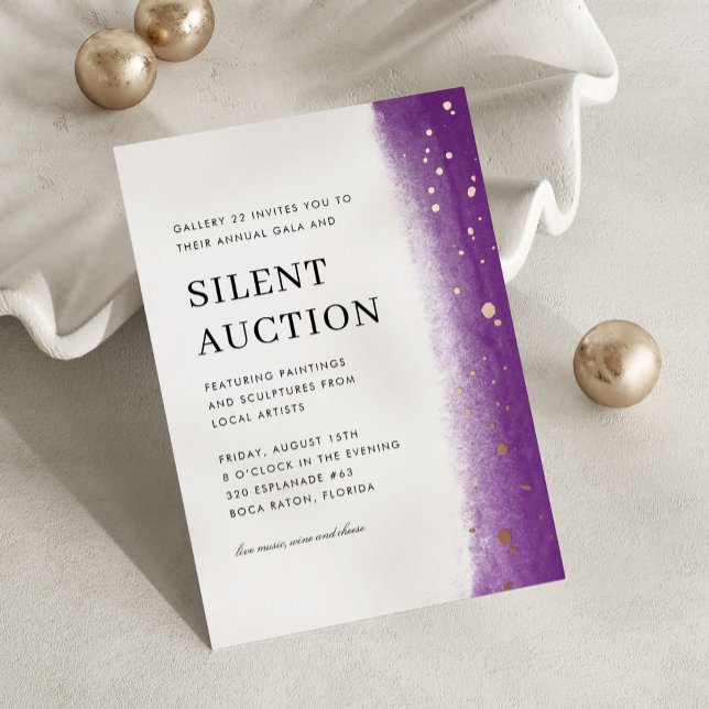 Invitation En Aluminium Elegant Brush Stroke Gala & Silent Auction Purple (purple elegant gala night and silent auction invitation)