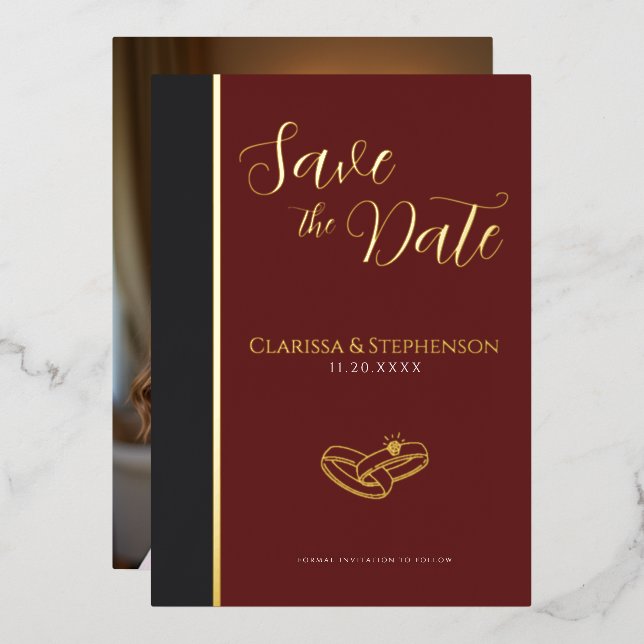 Invitation En Aluminium Elegant Burgundy Anthracite Photo Save The Date (Recto/Verso)