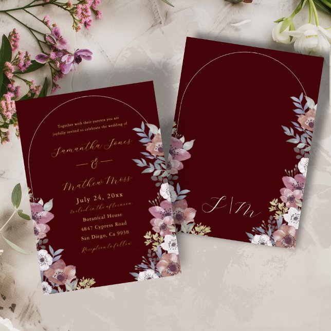 Invitation En Aluminium Elegant Burgundy Floral Gold Script Wedding (Créateur téléchargé)