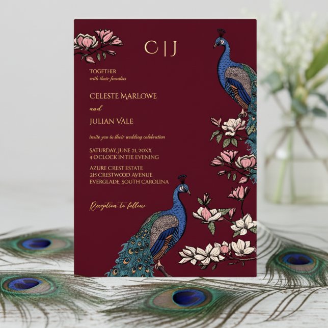 Invitation En Aluminium Elegant Burgundy Floral Peacock Wedding (Elegant Burgundy Wedding Invitations. Trendy Floral Blue Peacock, Teal Feathers, Magnolia Flowers)