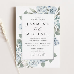 Invitation En Aluminium Élégant Cadre Floral Mariage Bleu Poussiéreux
