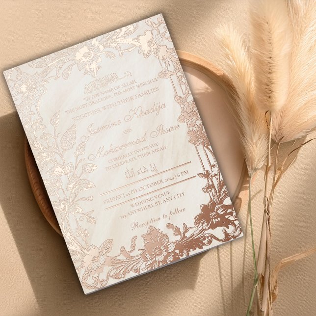 Invitation En Aluminium Élégant cadre Floral RoseGold Mariage musulman Nik (Créateur téléchargé)