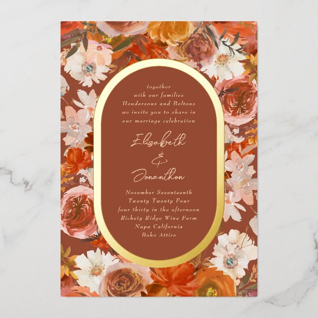 Invitation En Aluminium Elégant cadre or Boho Terracotta Wreath Floral (Recto)