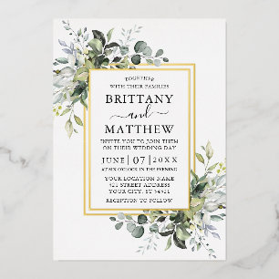 Invitation En Aluminium Élégant Cadre Or Fleurs Vertes Aquarelle Mariage 2