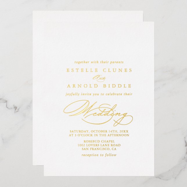 Invitation En Aluminium Élégant Calligraphie Mariage Or Chic (Recto/Verso)