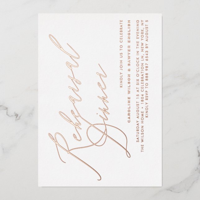 Invitation En Aluminium Élégant Calligraphie Rose Dîner de répétition d'or (Recto)