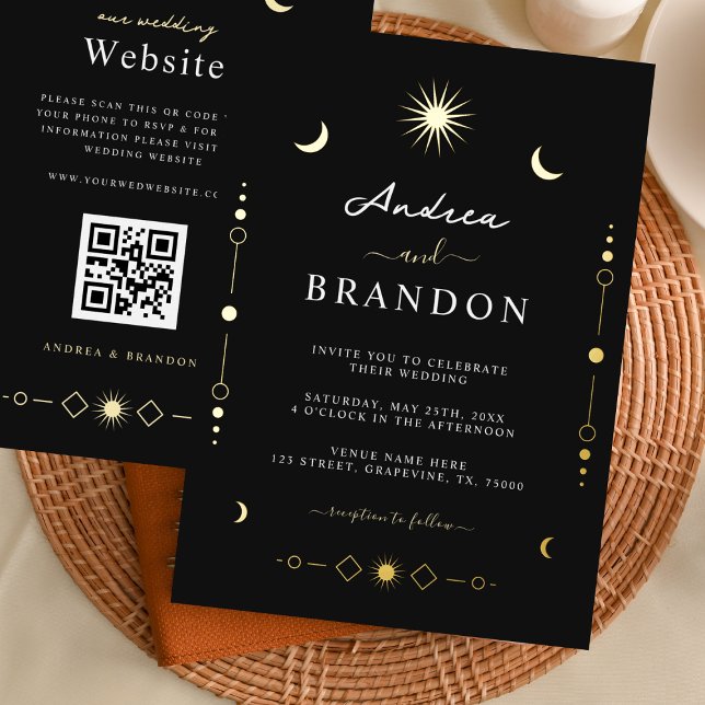 Invitation En Aluminium Élégant céleste lune d'or et Mariage de code QR Su (Créateur téléchargé)