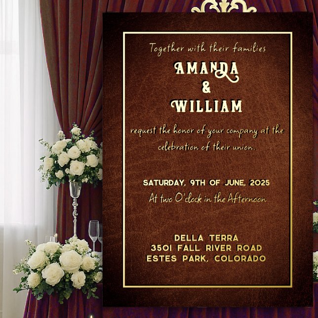 Invitation En Aluminium Elegant Chic Gold sur Mariage en cuir Brown (Créateur téléchargé)