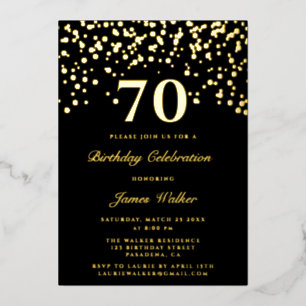 Invitation En Aluminium Elégant Chic Noir Et Or Script 70e Anniversaire